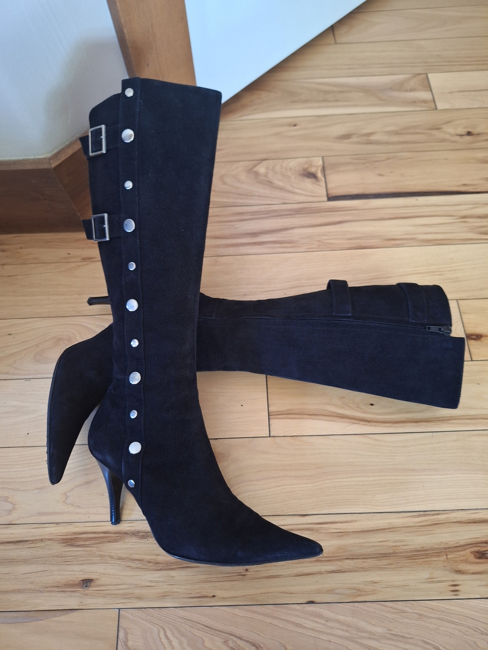 AMAYA Italy Black Suede Knee High Boots Pointed